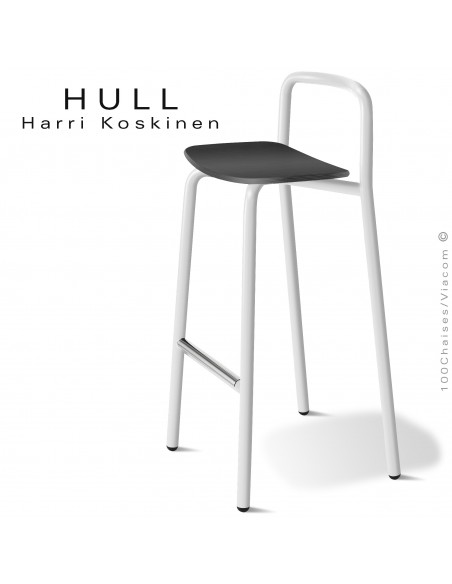 Tabouret pour collectivités HULL, piétement acier peint blanc, assise bois de hêtre vernis noir.