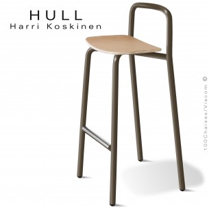 Tabouret pour collectivités HULL, piétement acier peint marron, assise bois de hêtre vernis châtaignier.