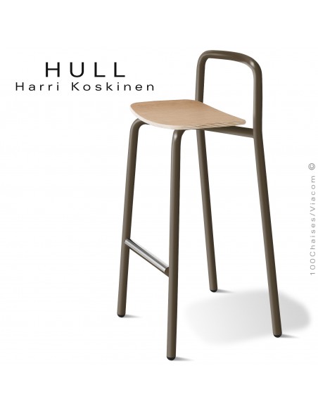 Tabouret pour collectivités HULL, piétement acier peint marron, assise bois de hêtre vernis châtaignier.