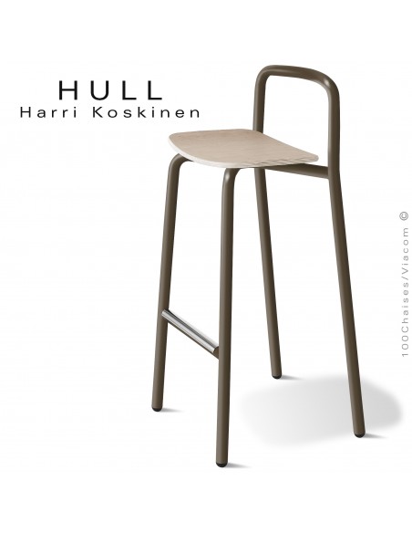 Tabouret pour collectivités HULL, piétement acier peint marron, assise bois de hêtre vernis gris.