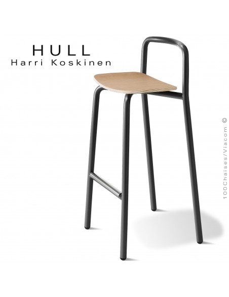 Tabouret pour collectivités HULL, piétement acier peint noir, assise bois de hêtre vernis châtaignier.