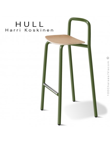 Tabouret pour collectivités HULL, piétement acier peint vert olive, assise bois de hêtre vernis châtaignier.