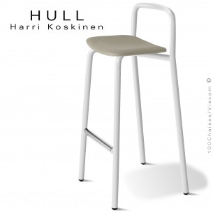 Tabouret confort et résistant pour collectivités HULL, piétement peint blanc, assise mousse, habillage tissu couleur argile.