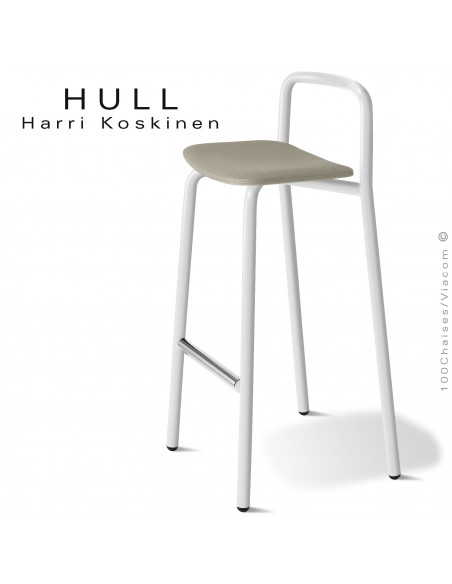 Tabouret confort et résistant pour collectivités HULL, piétement peint blanc, assise mousse, habillage tissu couleur argile.