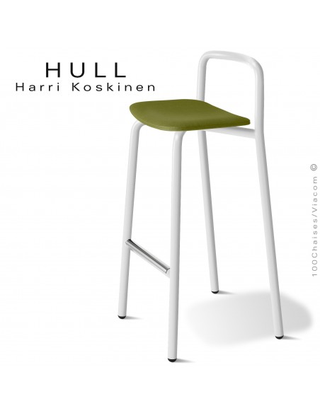 Tabouret confort et résistant pour collectivités HULL, piétement peint blanc, assise mousse, habillage tissu couleur vert kaki.