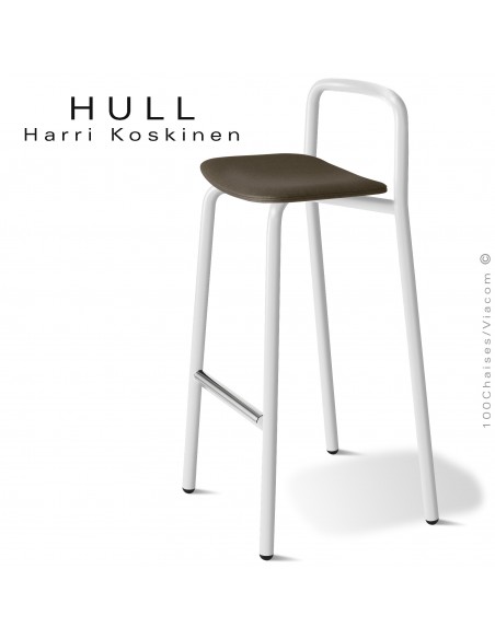 Tabouret confort et résistant pour collectivités HULL, piétement peint blanc, assise mousse, habillage tissu couleur marron.