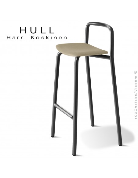 Tabouret confort et résistant pour collectivités HULL, piétement peint noir, assise mousse, habillage tissu couleur corde.