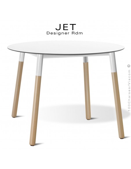 Table ronde JET, pour cuisine, bureau, CHR. Piétement bois de hêtre vernis châtaignier, plateau Ø100 cm., compact blanc.