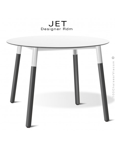 Table ronde JET, pour cuisine, bureau, CHR. Piétement bois de hêtre vernis noir, plateau Ø100 cm., compact blanc.