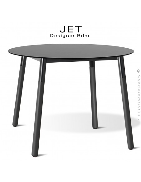 Table ronde JET, pour cuisine, bureau, CHR. Piétement bois de hêtre vernis noir, plateau Ø100 cm., compact noir.