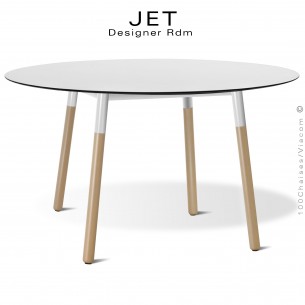 Table ronde JET, pour cuisine, bureau, CHR. Piétement bois de hêtre vernis châtaignier, plateau Ø120 cm., compact blanc.