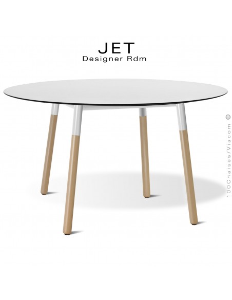 Table ronde JET, pour cuisine, bureau, CHR. Piétement bois de hêtre vernis châtaignier, plateau Ø120 cm., compact blanc.