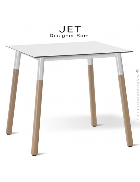 Table carré pour cuisine, bureau, travail, CHR, hôtellerie JET, piétement bois vernis châtaignier plateau carré compact blanc.