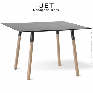 Table carré pour cuisine, bureau, travail, CHR, hôtellerie JET, piétement bois vernis châtaignier plateau carré compact noir.