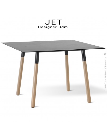 Table carré pour cuisine, bureau, travail, CHR, hôtellerie JET, piétement bois vernis châtaignier plateau carré compact noir.