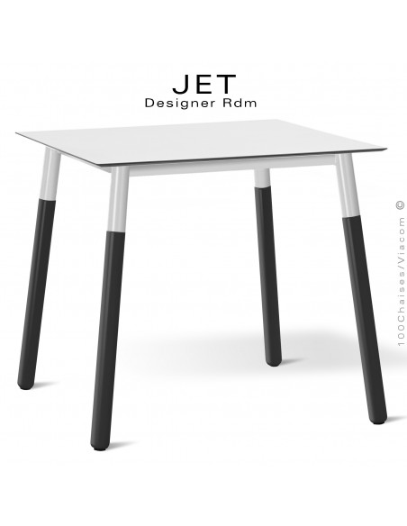 Table carré pour cuisine, bureau, travail, CHR, hôtellerie JET, piétement bois vernis noir, plateau carré compact blanc.
