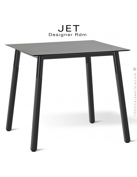 Table carré pour cuisine, bureau, travail, CHR, hôtellerie JET, piétement bois vernis noir, plateau carré compact noir.