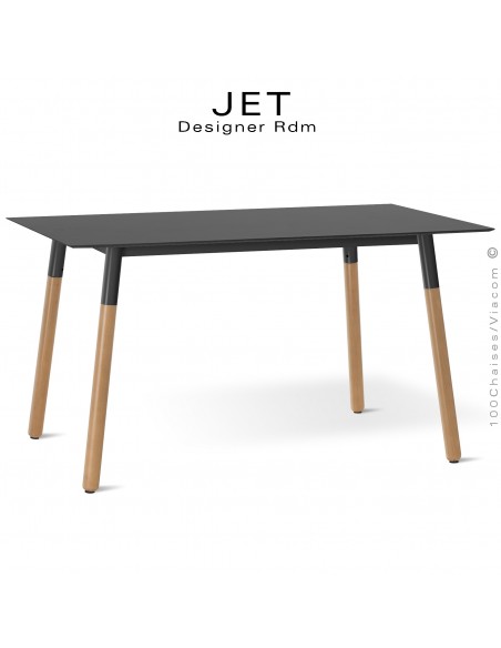 Table rectangulaire JET, piétement bois de hêtre vernis châtaignier, plateau compact noir.