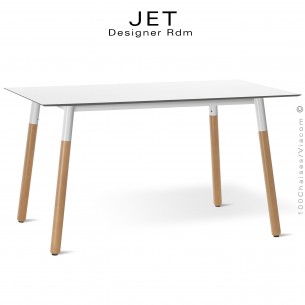 Table rectangulaire JET, piétement bois de hêtre vernis châtaignier, plateau compact blanc.