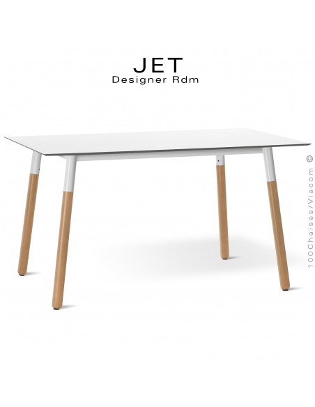 Table rectangulaire JET, piétement bois de hêtre vernis châtaignier, plateau compact blanc.