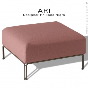 Pouf pour salon d'extérieur ou module pour banquette multiple linéaire ARI, structure acier peint marron, tissu couleur rose.
