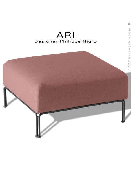 Pouf pour salon d'extérieur ou module pour banquette multiple linéaire ARI, structure acier peint noir, tissu couleur rose.