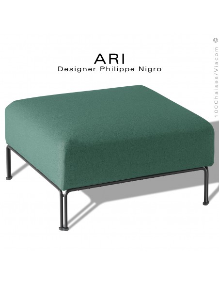 Pouf pour salon d'extérieur ou module pour banquette multiple linéaire ARI, structure peint noir, tissu couleur vert.