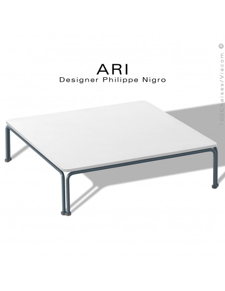 Salon de jardin, table basse ARI, piétement acier peint anthracite, plateau 71x71 cm., compact Full-Blanc.