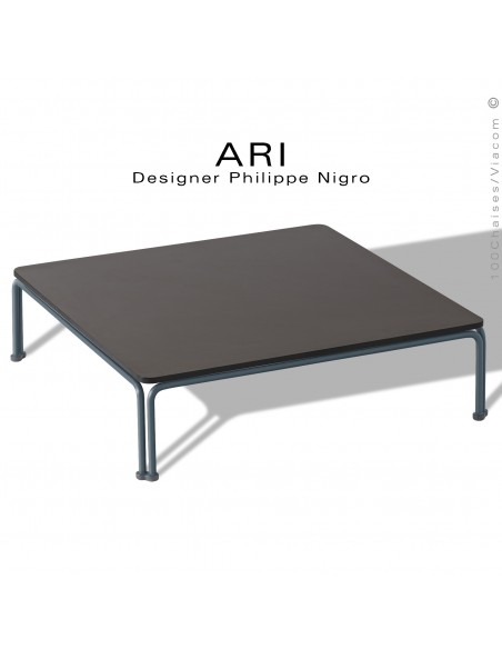Salon de jardin, table basse ARI, piétement acier peint anthracite, plateau 71x71 cm., compact noir.