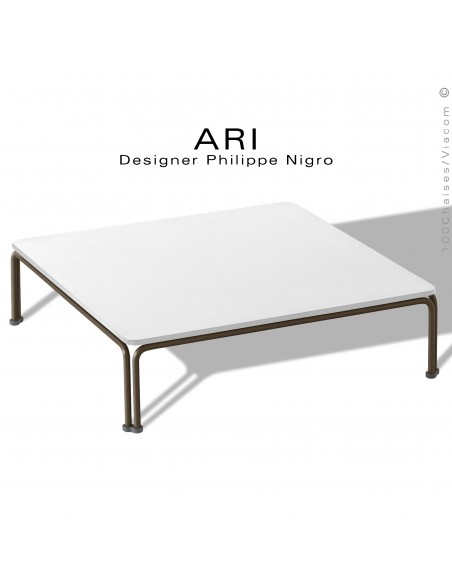 Salon de jardin, table basse ARI, piétement acier peint marron, plateau 71x71 cm., compact Full-Blanc.