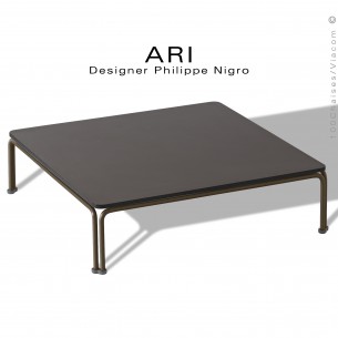 Salon de jardin, table basse ARI, piétement acier peint marron, plateau 71x71 cm., compact noir.