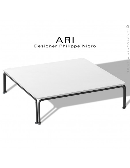 Salon de jardin, table basse ARI, piétement acier peint noir, plateau 71x71 cm., compact Full-Blanc.