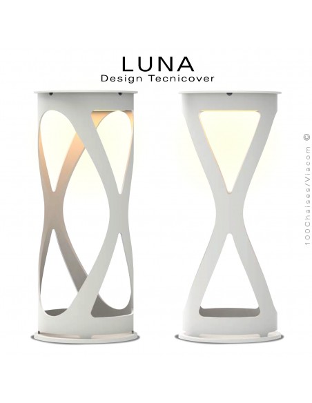 Lampe de table décorative pour vos soirées d'été LUNA, structure acier peint blanc , éclairage LED rechargeable.