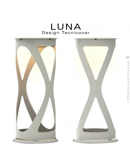 Lampe de table décorative pour vos soirées d'été LUNA, structure acier peint blanc pur , éclairage LED rechargeable.