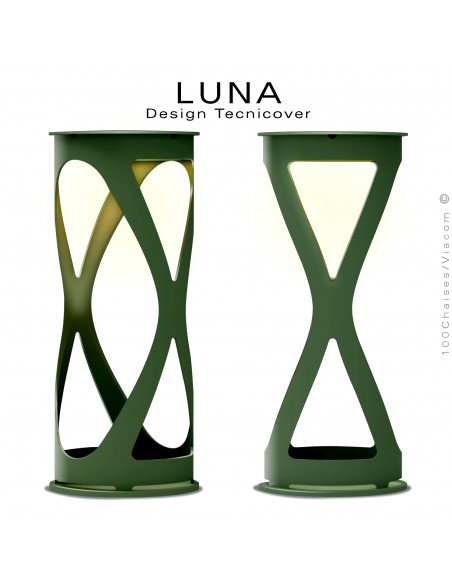 Lampe de table décorative pour vos soirées d'été LUNA, structure acier peint vert olive , éclairage LED rechargeable.