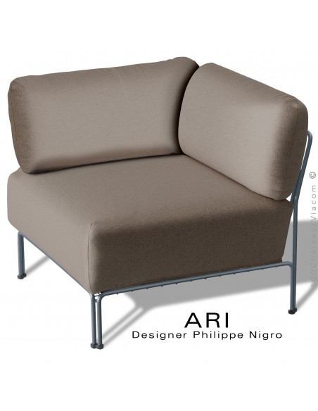 Salon d'extérieur ou module d'angle banquette ARI, structure acier peint anthracite, assise coussin, couleur gris Tourterelle.