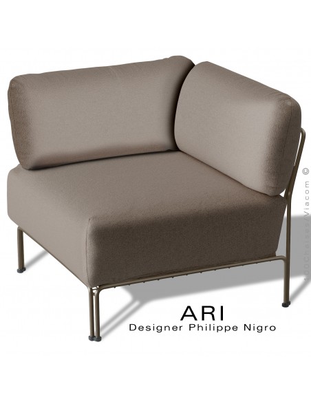 Salon d'extérieur ou module d'angle banquette ARI, structure acier peint marron, assise coussin, couleur gris Tourterelle.