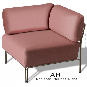 Salon d'extérieur ou module d'angle banquette ARI, structure acier peint marron, assise coussin, couleur rose.