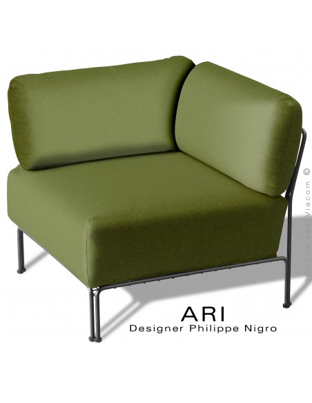 Salon d'extérieur ou module d'angle banquette ARI, structure acier peint noir, assise coussin, couleur vert olive.
