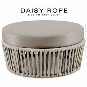 Salon de jardin ou pouf d'extérieur DAISY-ROPE, structure acier peint blanc perle, tissu Panama écru, cordage fango.