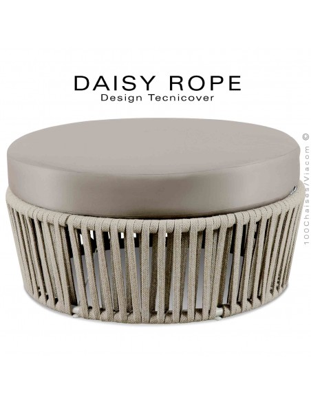 Salon de jardin ou pouf d'extérieur DAISY-ROPE, structure acier peint blanc perle, tissu Panama écru, cordage fango.