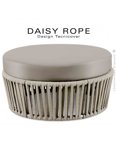 Salon de jardin ou pouf d'extérieur DAISY-ROPE, structure acier peint blanc perle, tissu Panama écru, cordage fango.