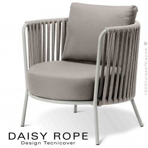 Salon de jardin ou fauteuil lounge DAISY-ROPE, structure acier peint blanc perle, tressage cordage écru, coussin fango.