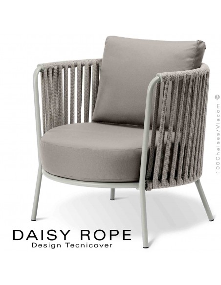 Salon de jardin ou fauteuil lounge DAISY-ROPE, structure acier peint blanc perle, tressage cordage écru, coussin fango.
