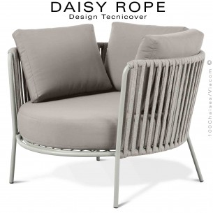Salon de jardin ou fauteuil large lounge DAISY-ROPE, structure acier peint blanc perle, tressage cordage écru, coussin fango.
