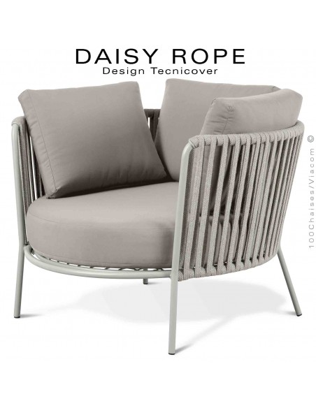 Salon de jardin ou fauteuil large lounge DAISY-ROPE, structure acier peint blanc perle, tressage cordage écru, coussin fango.
