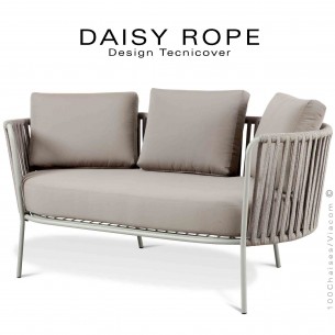 Salon de jardin, sofa, canapé lounge DAISY-ROPE, structure acier peint blanc perle, tressage cordage écru, assise coussin fango.