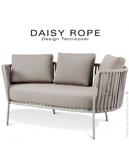 Salon de jardin, sofa, canapé lounge DAISY-ROPE, structure acier peint blanc perle, tressage cordage écru, assise coussin fango.
