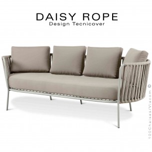 Salon de jardin, sofa, canapé large lounge DAISY-ROPE, structure acier peint blanc perle, tressage cordage fango, coussin écru.