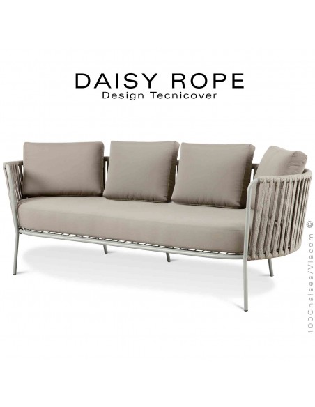 Salon de jardin, sofa, canapé large lounge DAISY-ROPE, structure acier peint blanc perle, tressage cordage fango, coussin écru.